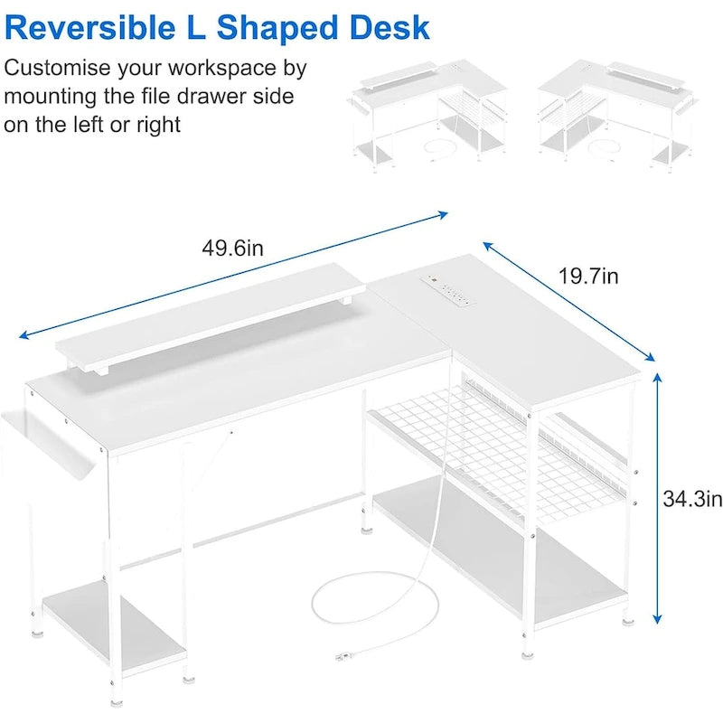 L-Shaped Corner Gaming Desk with Power Outlets RGB Lights Storage Shelves