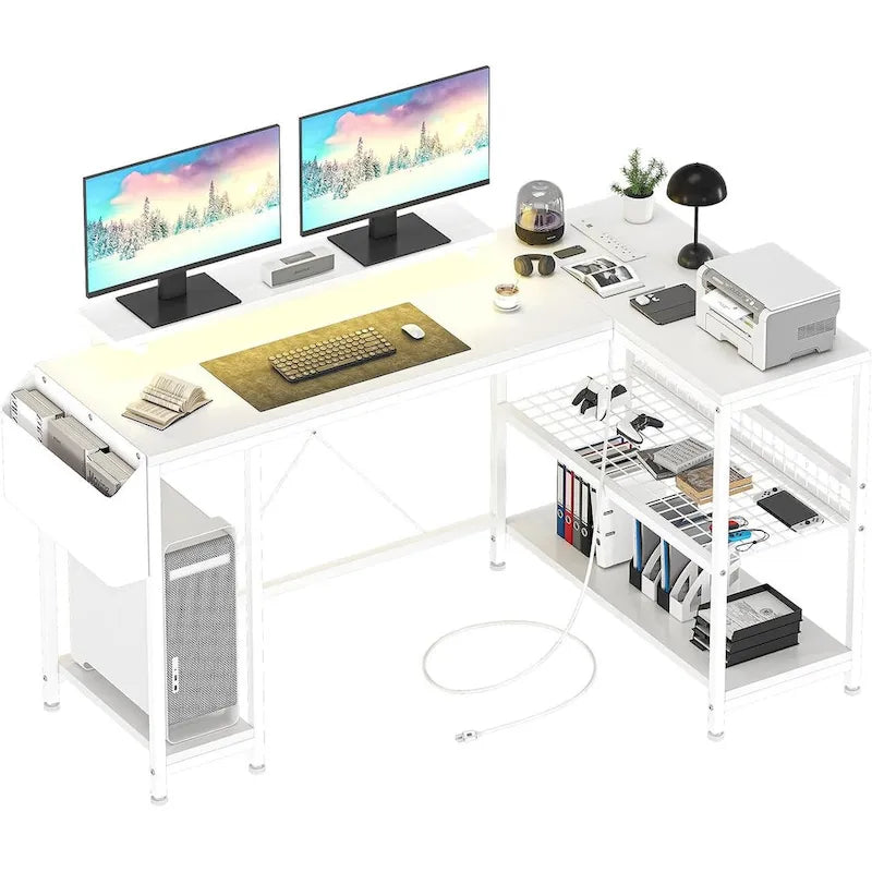L-Shaped Corner Gaming Desk with Power Outlets RGB Lights Storage Shelves