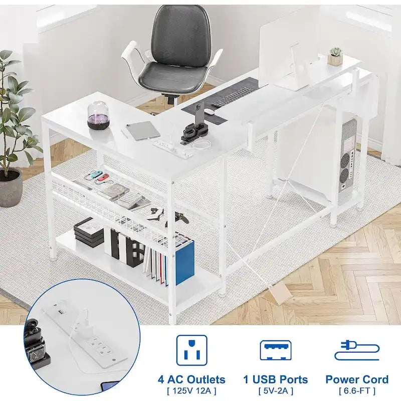 L-Shaped Corner Gaming Desk with Power Outlets RGB Lights Storage Shelves