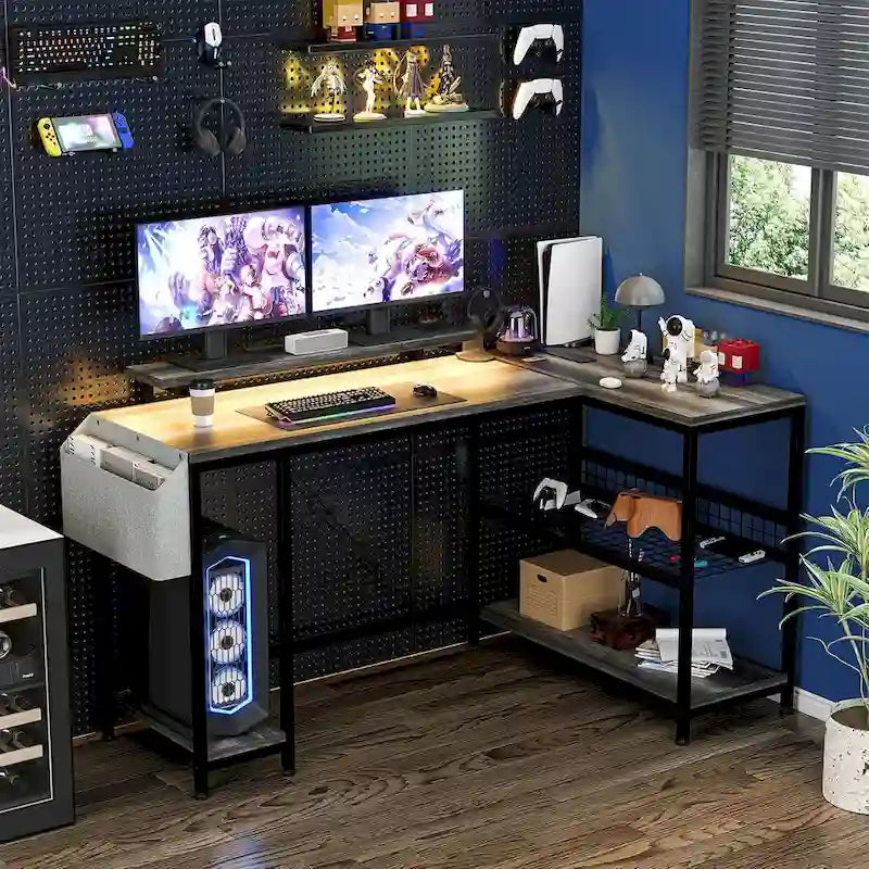 L-Shaped Corner Gaming Desk with Power Outlets RGB Lights Storage Shelves