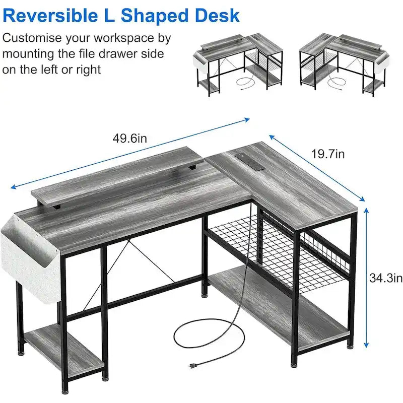 L-Shaped Corner Gaming Desk with Power Outlets RGB Lights Storage Shelves