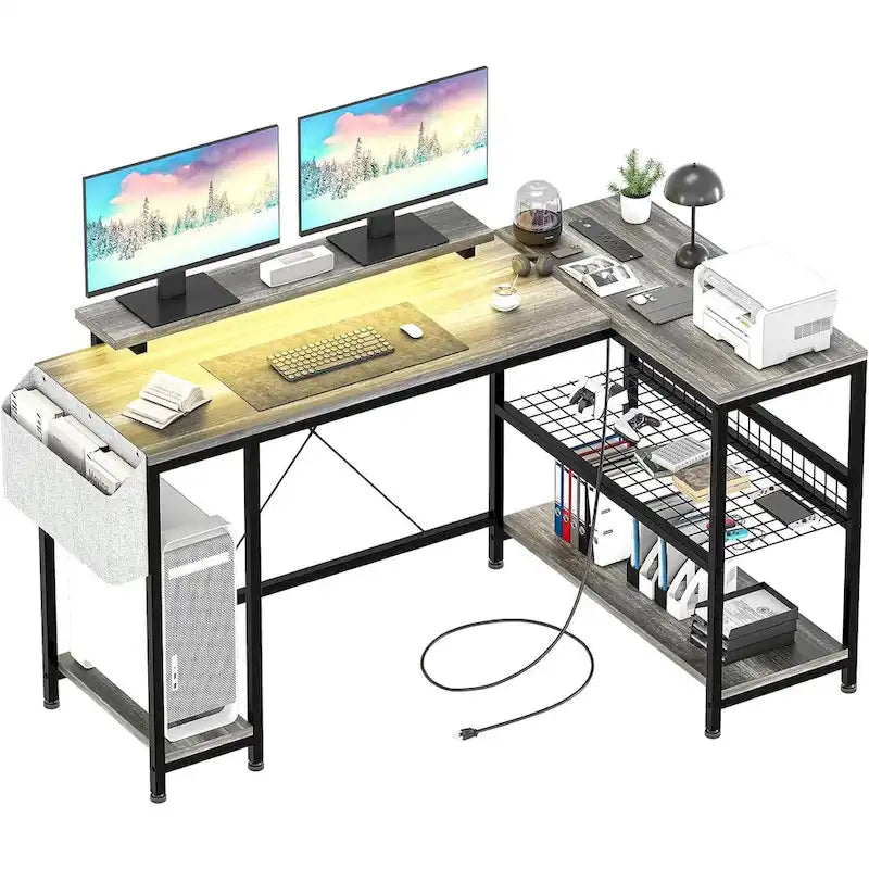 L-Shaped Corner Gaming Desk with Power Outlets RGB Lights Storage Shelves