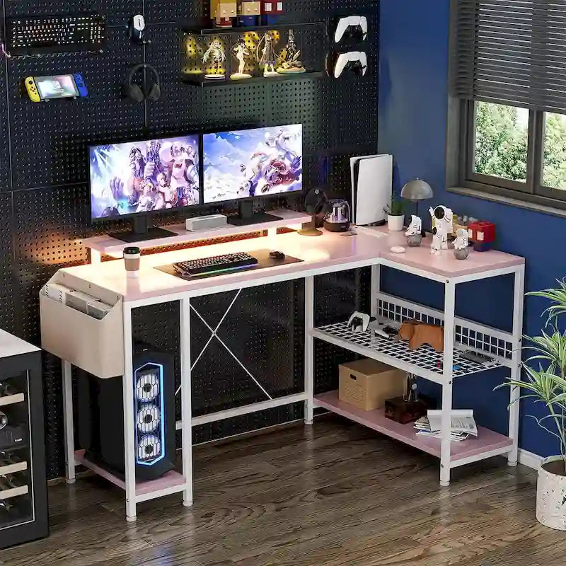 L-Shaped Corner Gaming Desk with Power Outlets RGB Lights Storage Shelves