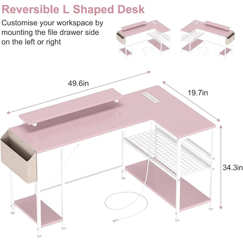 L-Shaped Corner Gaming Desk with Power Outlets RGB Lights Storage Shelves