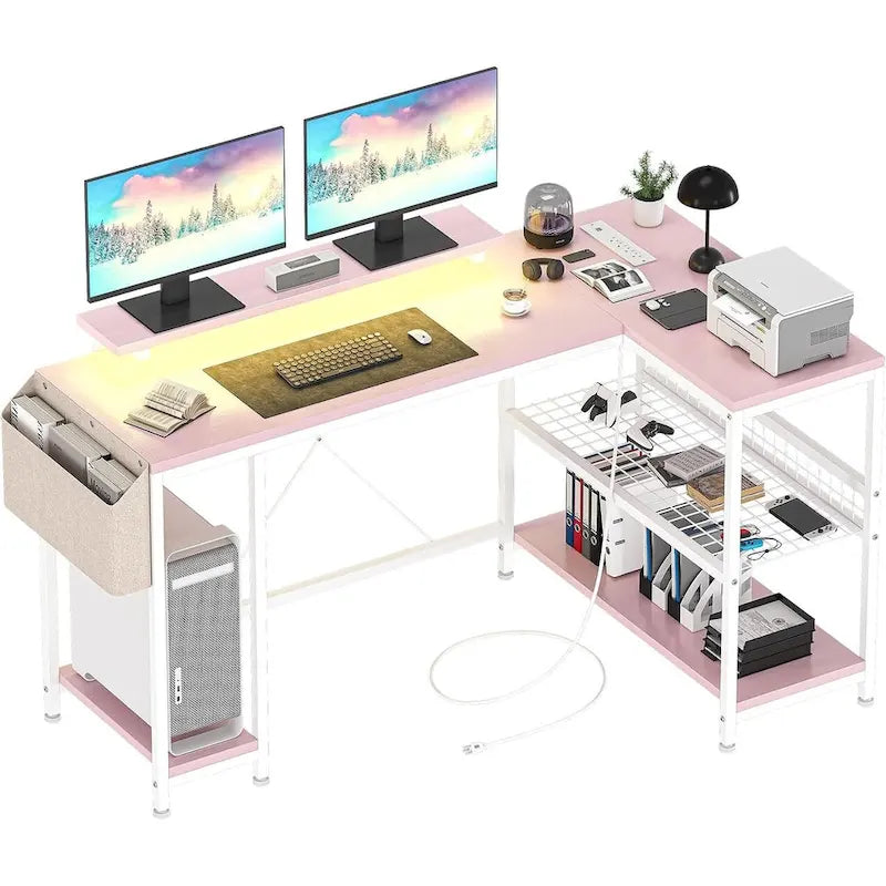 L-Shaped Corner Gaming Desk with Power Outlets RGB Lights Storage Shelves