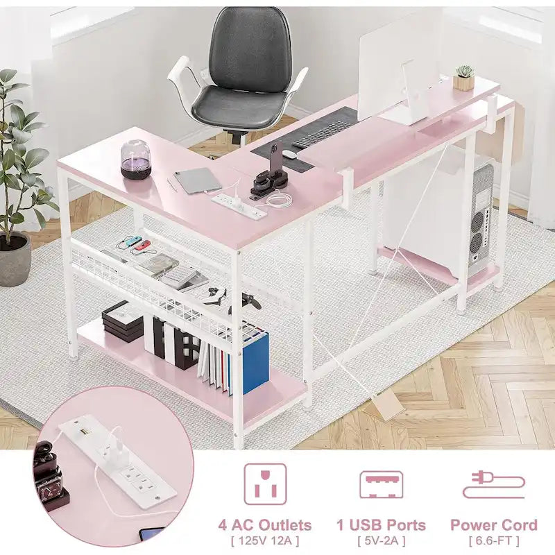 L-Shaped Corner Gaming Desk with Power Outlets RGB Lights Storage Shelves
