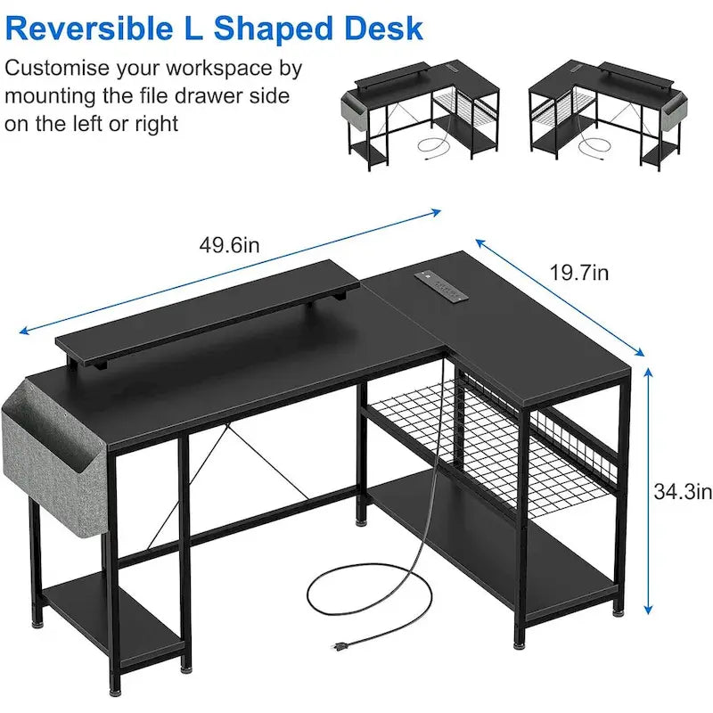 L-Shaped Corner Gaming Desk with Power Outlets RGB Lights Storage Shelves