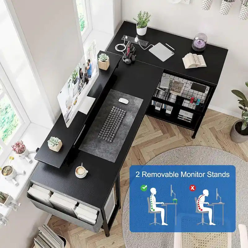 L-Shaped Corner Gaming Desk with Power Outlets RGB Lights Storage Shelves