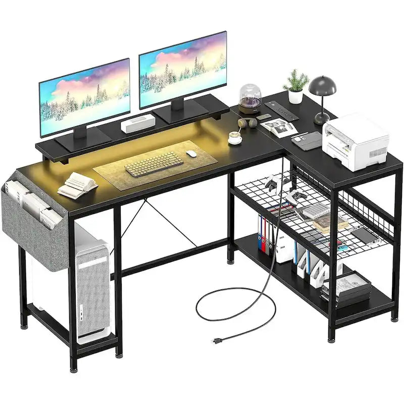 L-Shaped Corner Gaming Desk with Power Outlets RGB Lights Storage Shelves