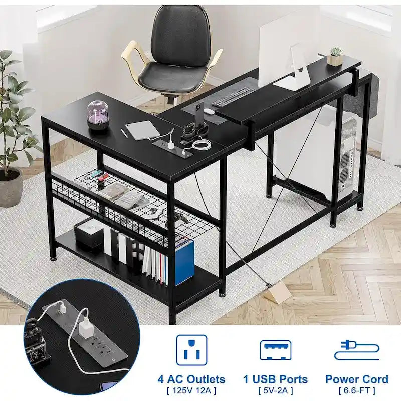 L-Shaped Corner Gaming Desk with Power Outlets RGB Lights Storage Shelves