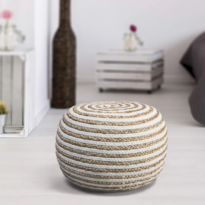 Hand-Braided Round Jute Pouf Ottoman Tan White Two-Tone Boho Footrest