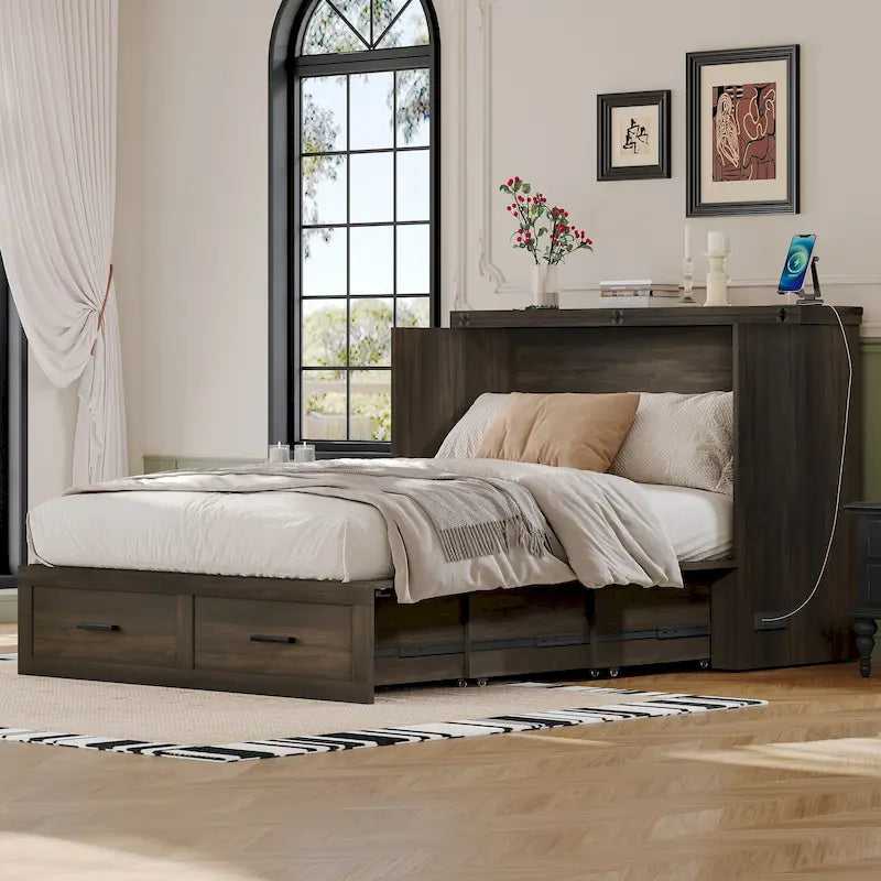 Foldable Murphy Cabinet Bed with Storage Drawers Outlets USB Ports Gray White