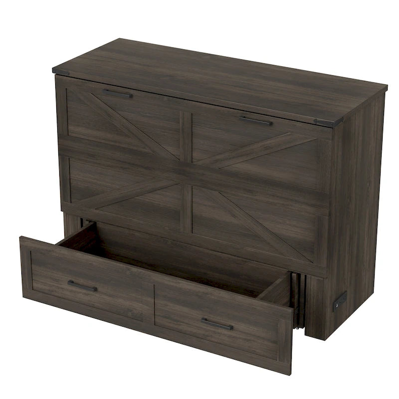 Foldable Murphy Cabinet Bed with Storage Drawers Outlets USB Ports Gray White