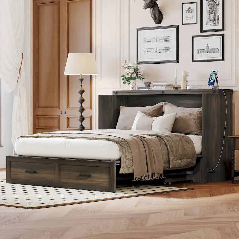 Foldable Murphy Cabinet Bed with Storage Drawers Outlets USB Ports Gray White