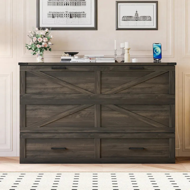 Foldable Murphy Cabinet Bed with Storage Drawers Outlets USB Ports Gray White