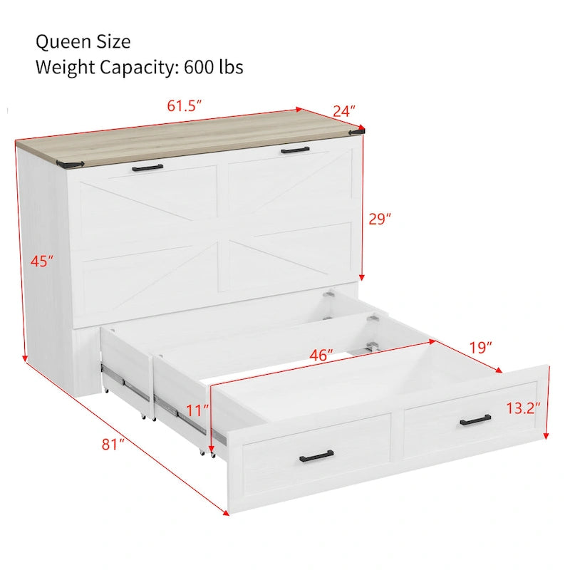 Foldable Murphy Cabinet Bed with Storage Drawers Outlets USB Ports Gray White