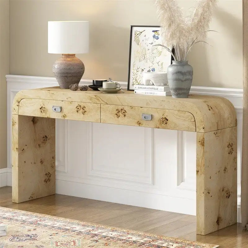 Burl Wood Veneer Console Table with 2 Drawers Natural Finish Entryway Sofa Table
