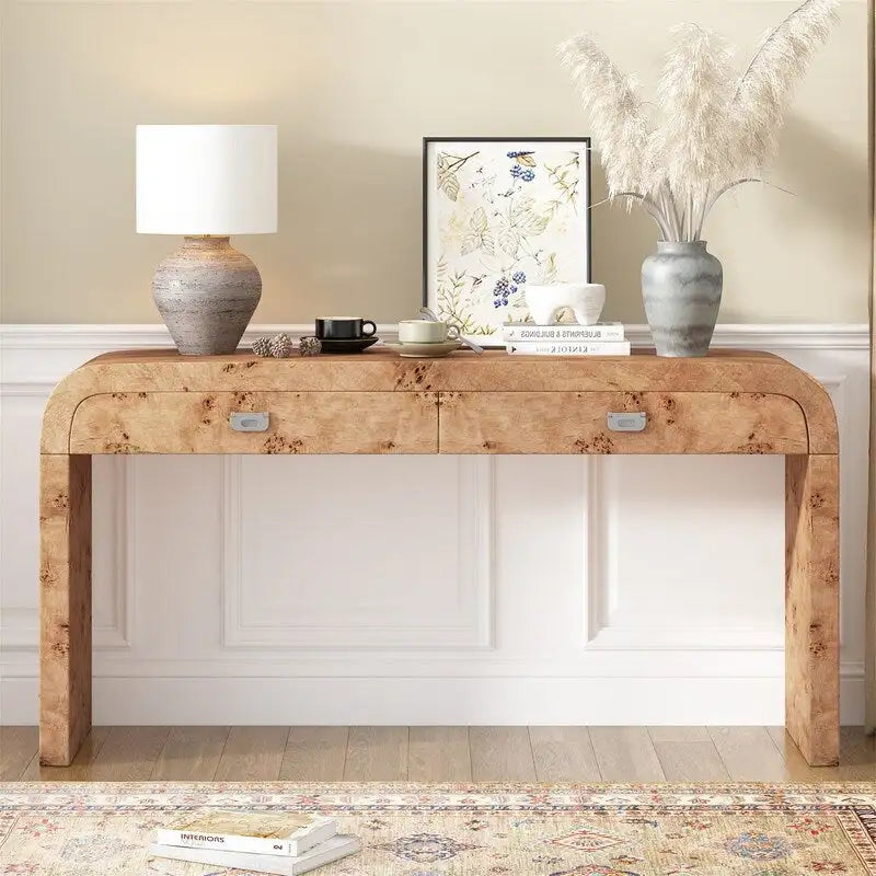 Burl Wood Veneer Console Table with 2 Drawers Natural Finish Entryway Sofa Table