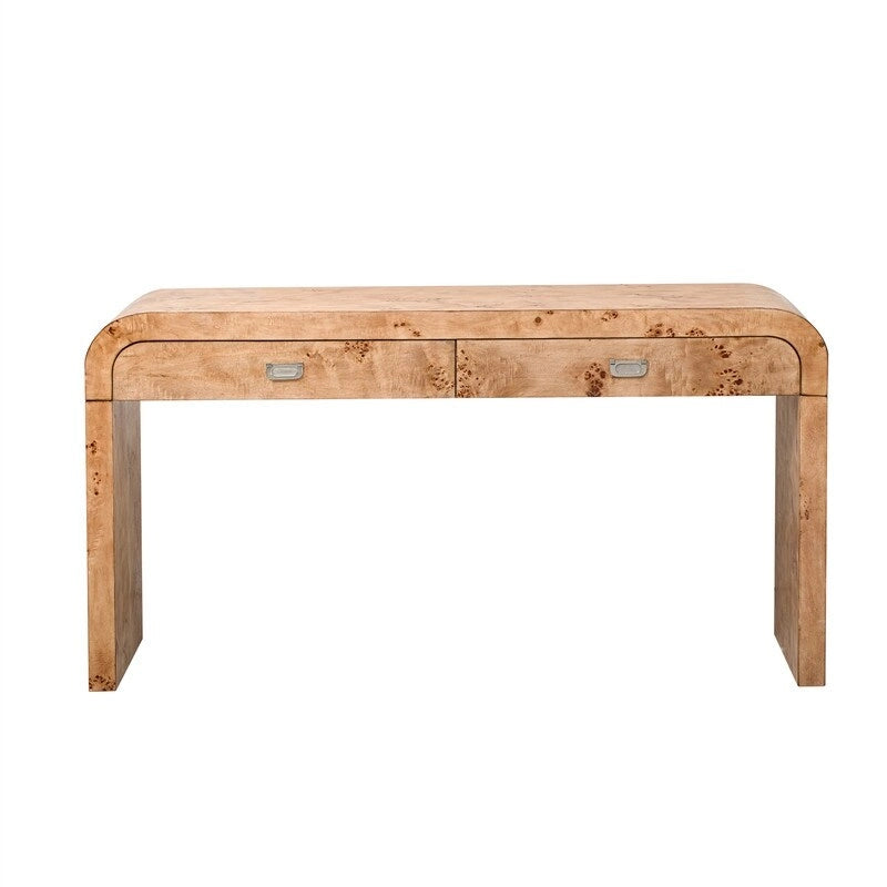 Burl Wood Veneer Console Table with 2 Drawers Natural Finish Entryway Sofa Table