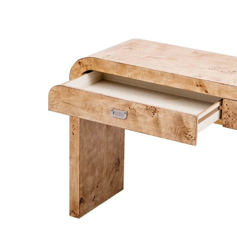 Burl Wood Veneer Console Table with 2 Drawers Natural Finish Entryway Sofa Table