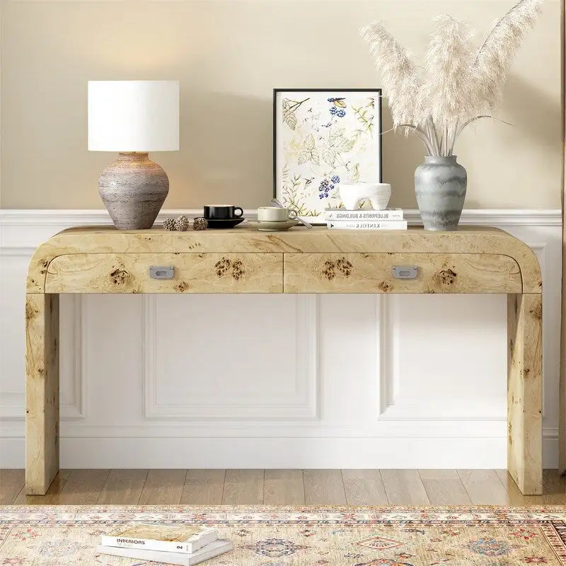 Burl Wood Veneer Console Table with 2 Drawers Natural Finish Entryway Sofa Table