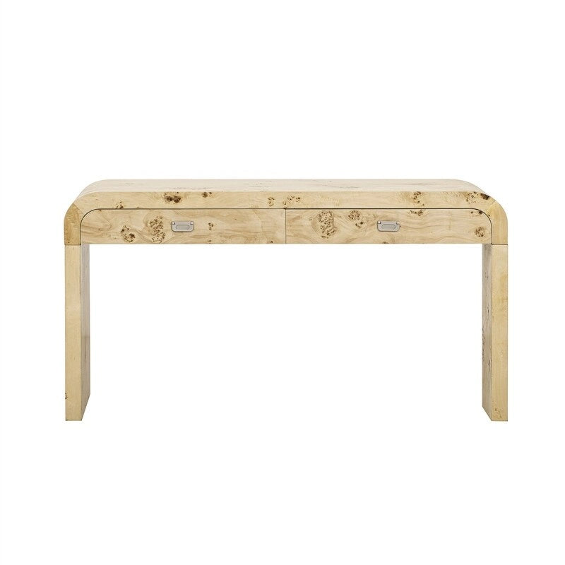 Burl Wood Veneer Console Table with 2 Drawers Natural Finish Entryway Sofa Table
