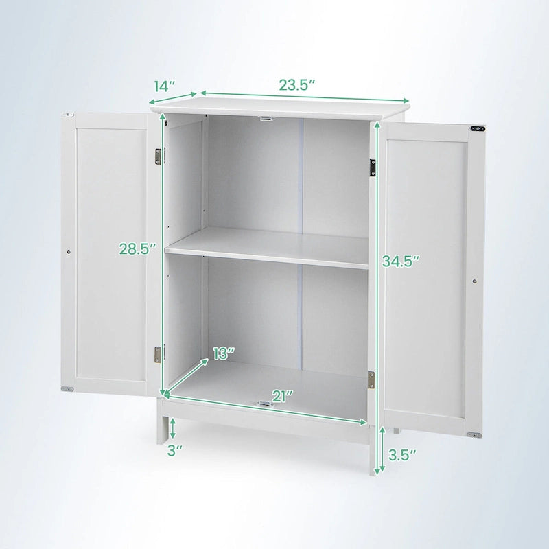White Double Door Bathroom Floor Storage Cabinet MDF Waterproof Freestanding