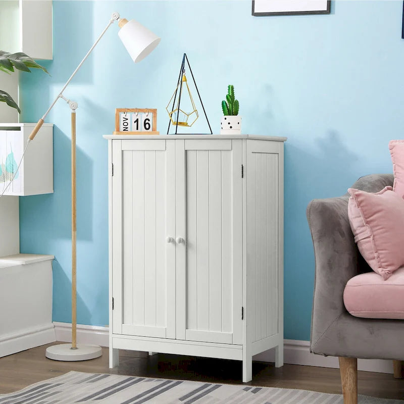 White Double Door Bathroom Floor Storage Cabinet MDF Waterproof Freestanding