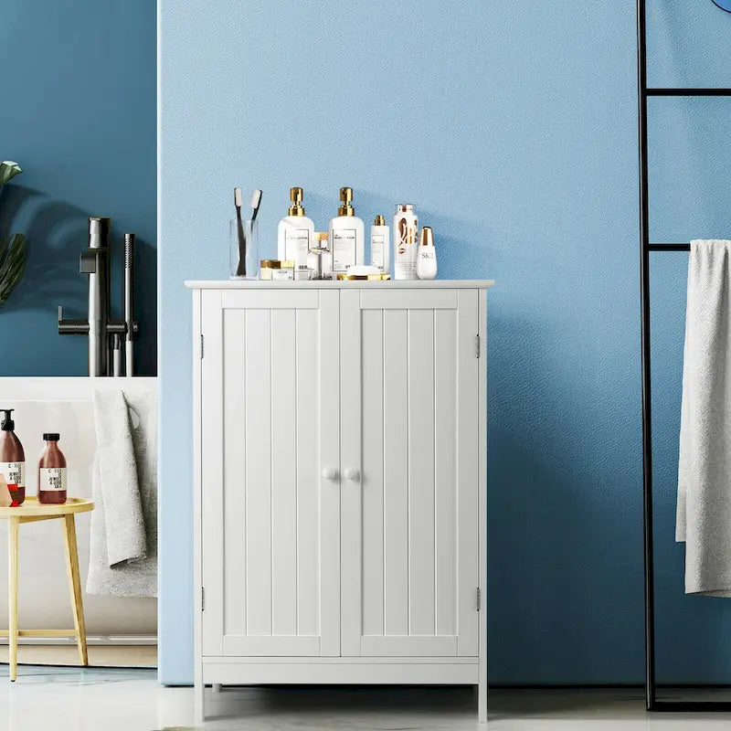 White Double Door Bathroom Floor Storage Cabinet MDF Waterproof Freestanding