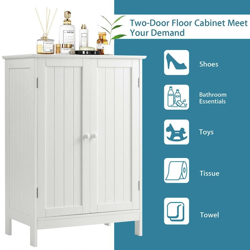 White Double Door Bathroom Floor Storage Cabinet MDF Waterproof Freestanding