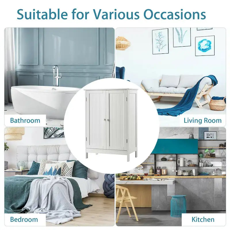 White Double Door Bathroom Floor Storage Cabinet MDF Waterproof Freestanding