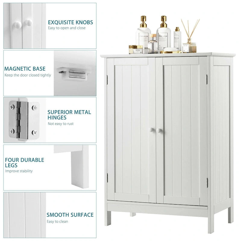 White Double Door Bathroom Floor Storage Cabinet MDF Waterproof Freestanding