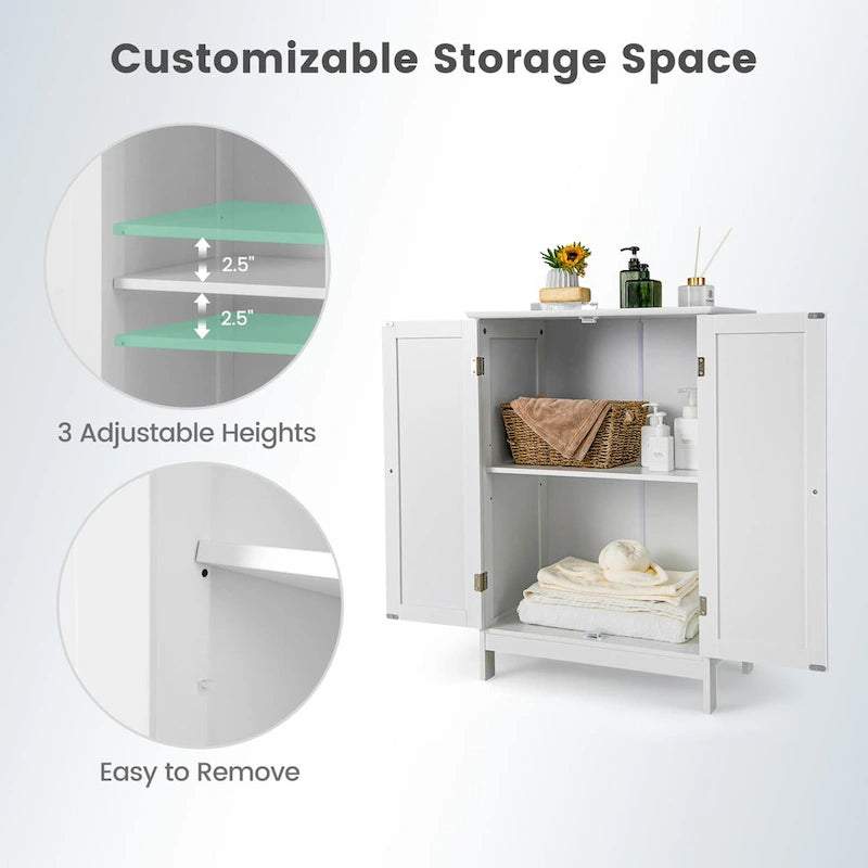 White Double Door Bathroom Floor Storage Cabinet MDF Waterproof Freestanding