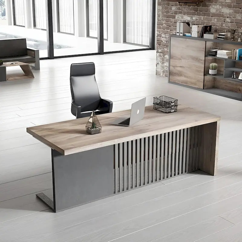 L-Shaped Executive Office Desk with Steel Frame and Wood Texture Surface
