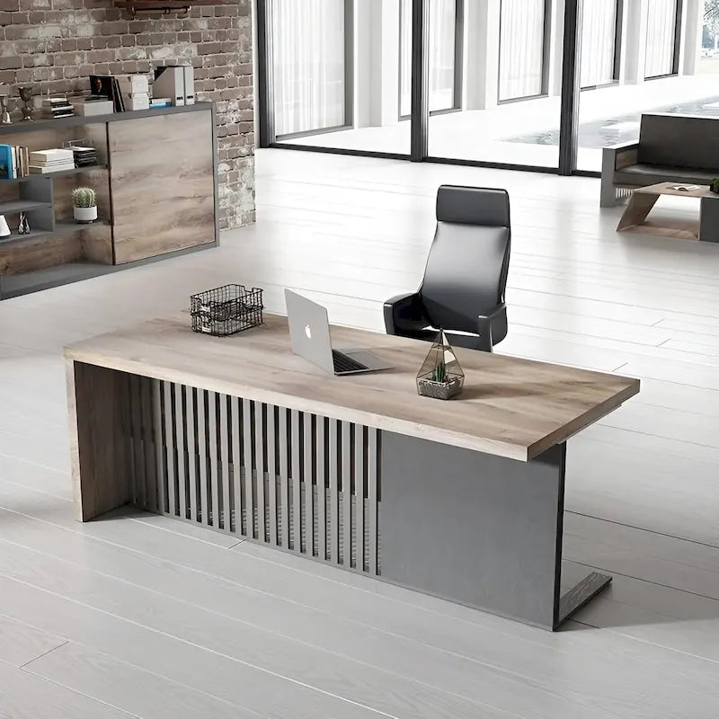 L-Shaped Executive Office Desk with Steel Frame and Wood Texture Surface
