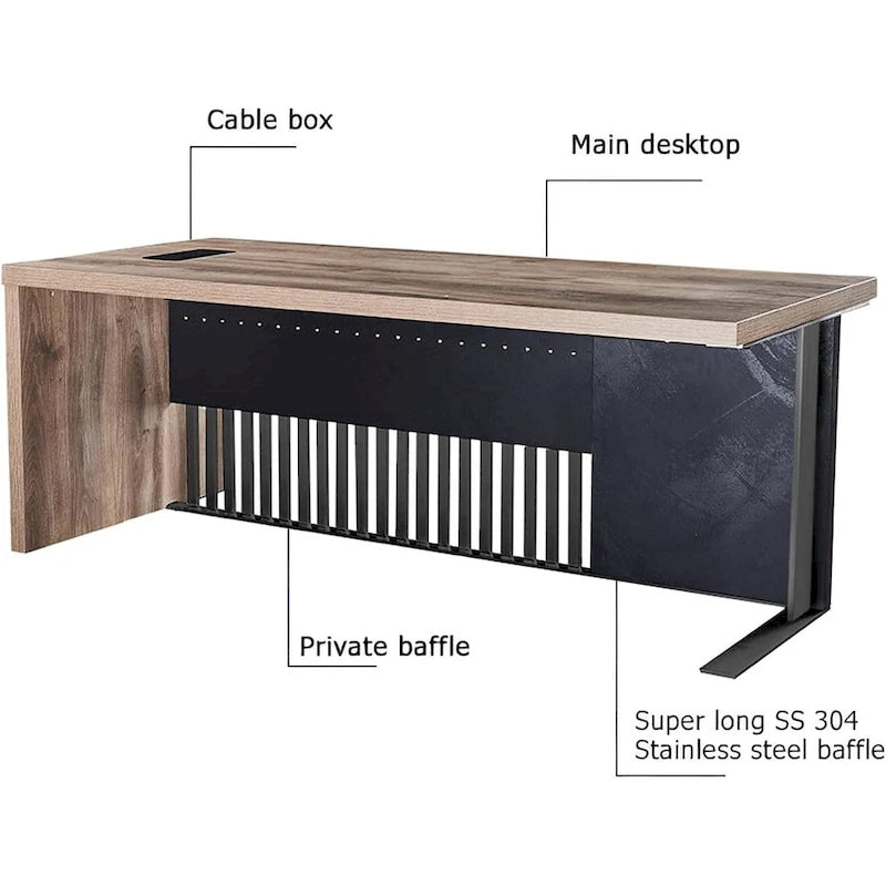 L-Shaped Executive Office Desk with Steel Frame and Wood Texture Surface
