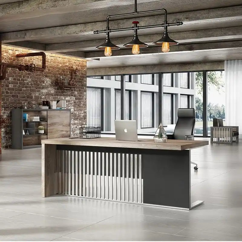 L-Shaped Executive Office Desk with Steel Frame and Wood Texture Surface