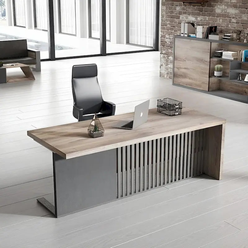L-Shaped Executive Office Desk with Steel Frame and Wood Texture Surface