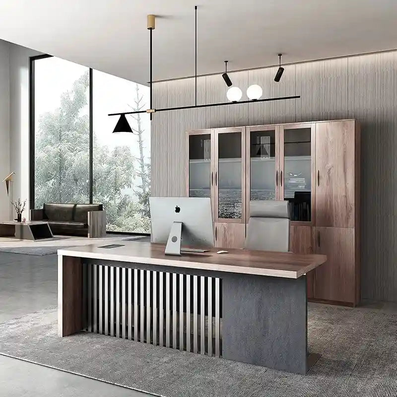 L-Shaped Executive Office Desk with Steel Frame and Wood Texture Surface