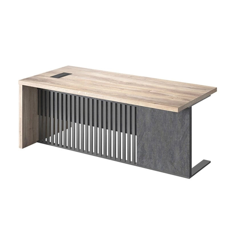 L-Shaped Executive Office Desk with Steel Frame and Wood Texture Surface