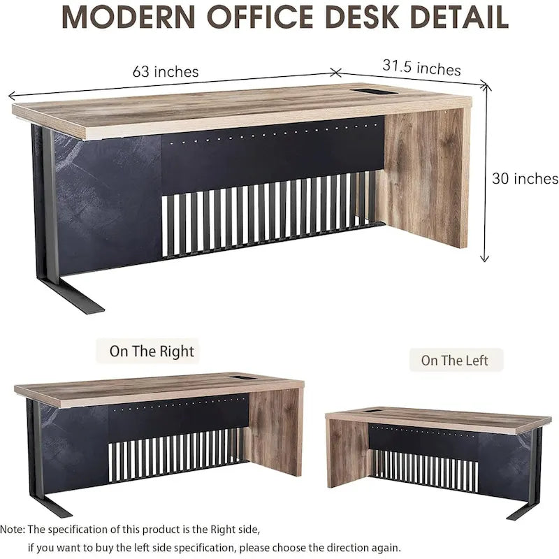 L-Shaped Executive Office Desk with Steel Frame and Wood Texture Surface