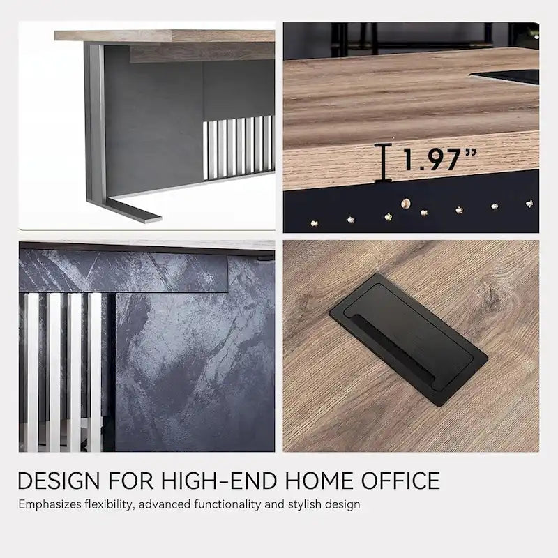 L-Shaped Executive Office Desk with Steel Frame and Wood Texture Surface