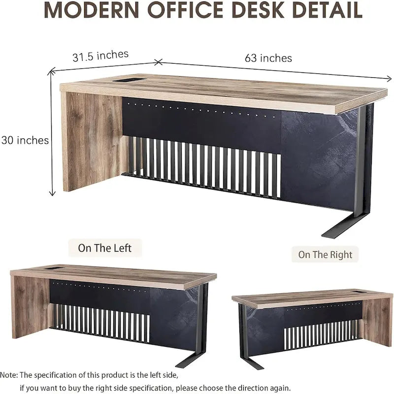 L-Shaped Executive Office Desk with Steel Frame and Wood Texture Surface