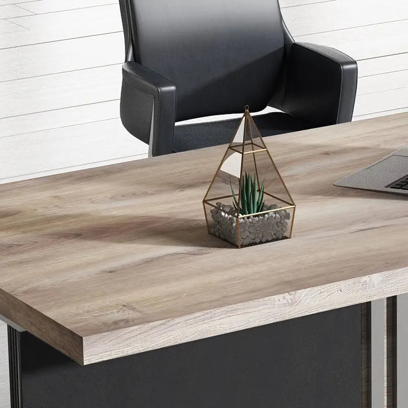 L-Shaped Executive Office Desk with Steel Frame and Wood Texture Surface