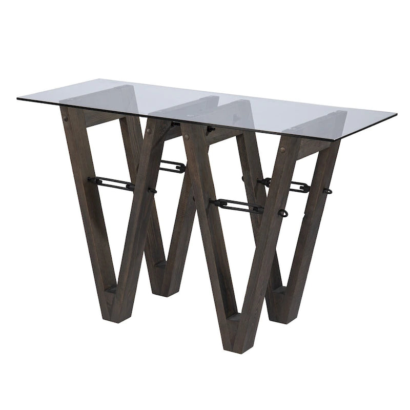 Clear Glass Top Abstract Wood Base Rectangular Console Table Gray Brown