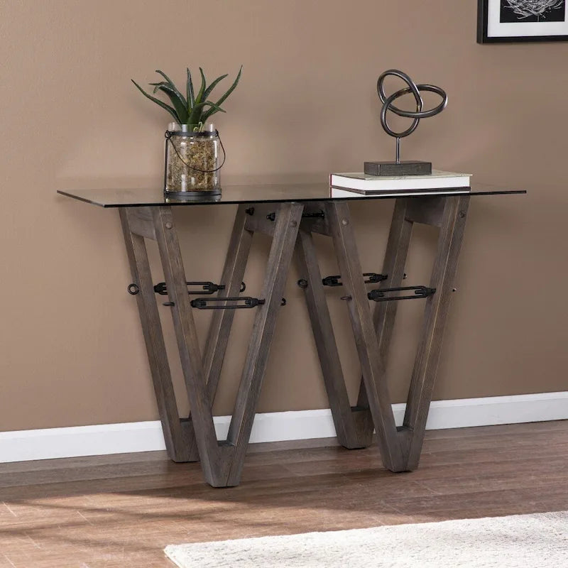 Clear Glass Top Abstract Wood Base Rectangular Console Table Gray Brown