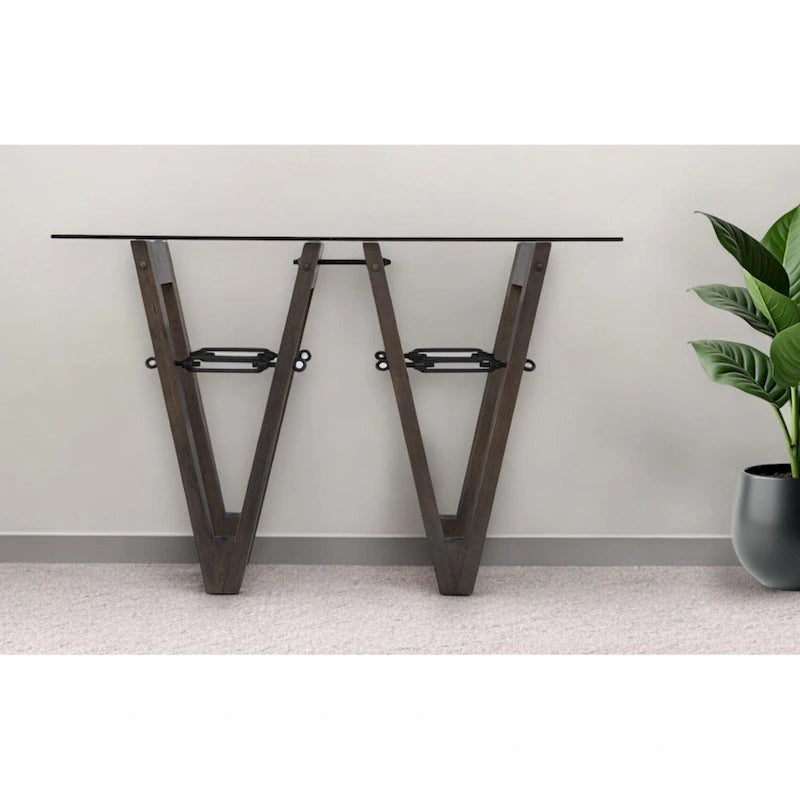 Clear Glass Top Abstract Wood Base Rectangular Console Table Gray Brown