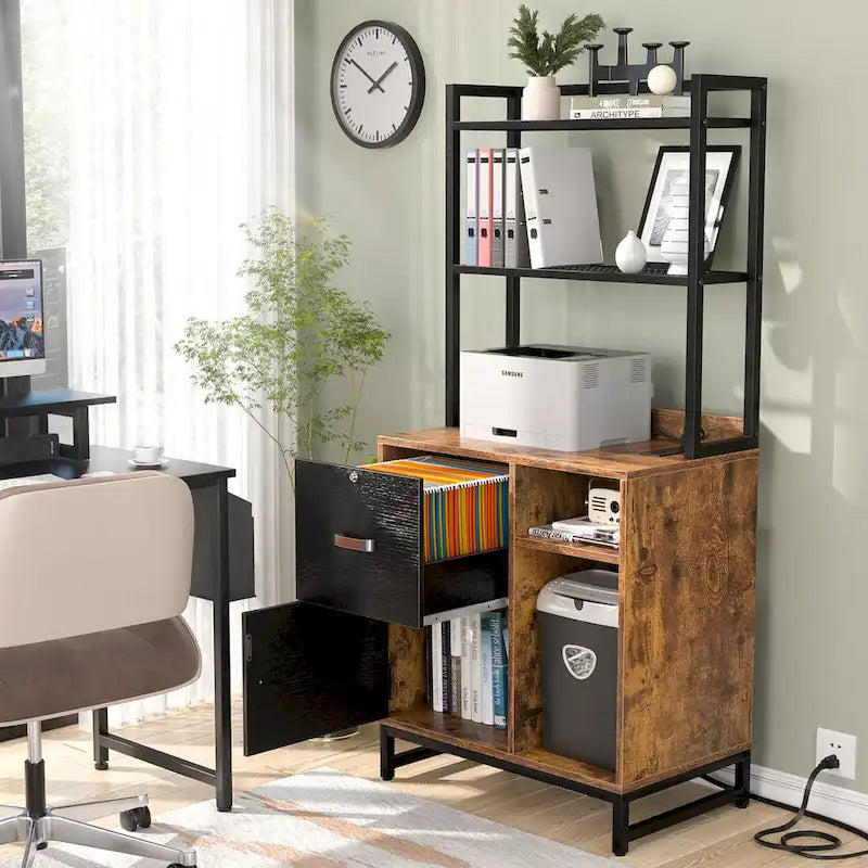Rustic Brown Industrial Wood File Cabinet with Open Shelves and Charging Station