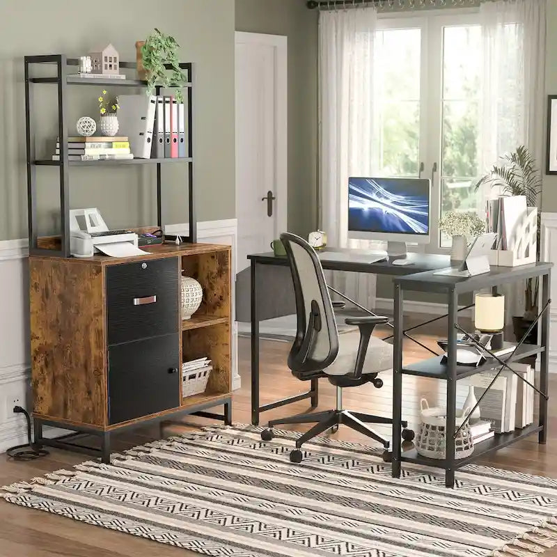 Rustic Brown Industrial Wood File Cabinet with Open Shelves and Charging Station