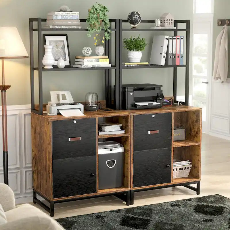 Rustic Brown Industrial Wood File Cabinet with Open Shelves and Charging Station
